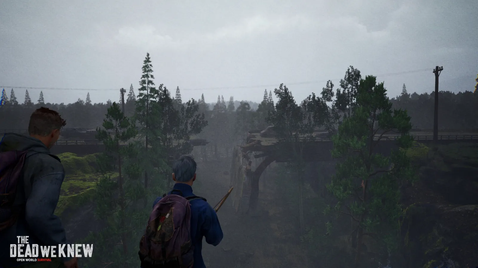 Official THE DEAD WE KNEW screenshot showing two survivors overlooking a foggy collapsed bridge