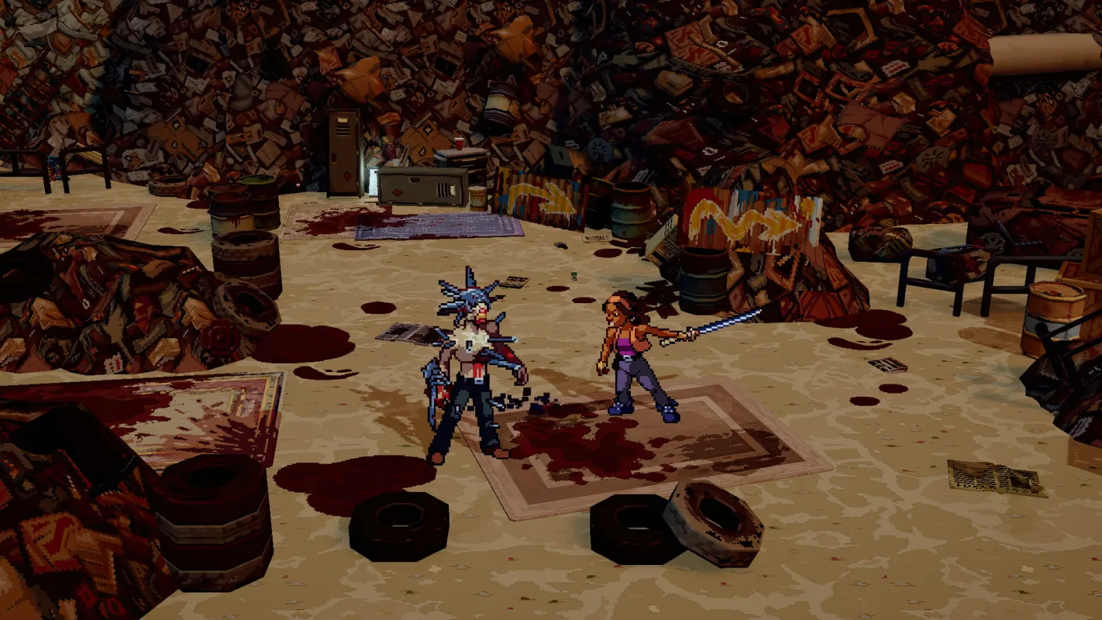 Michonne confronts an armed survivor in a blood-stained junkyard arena in Streets of Survival