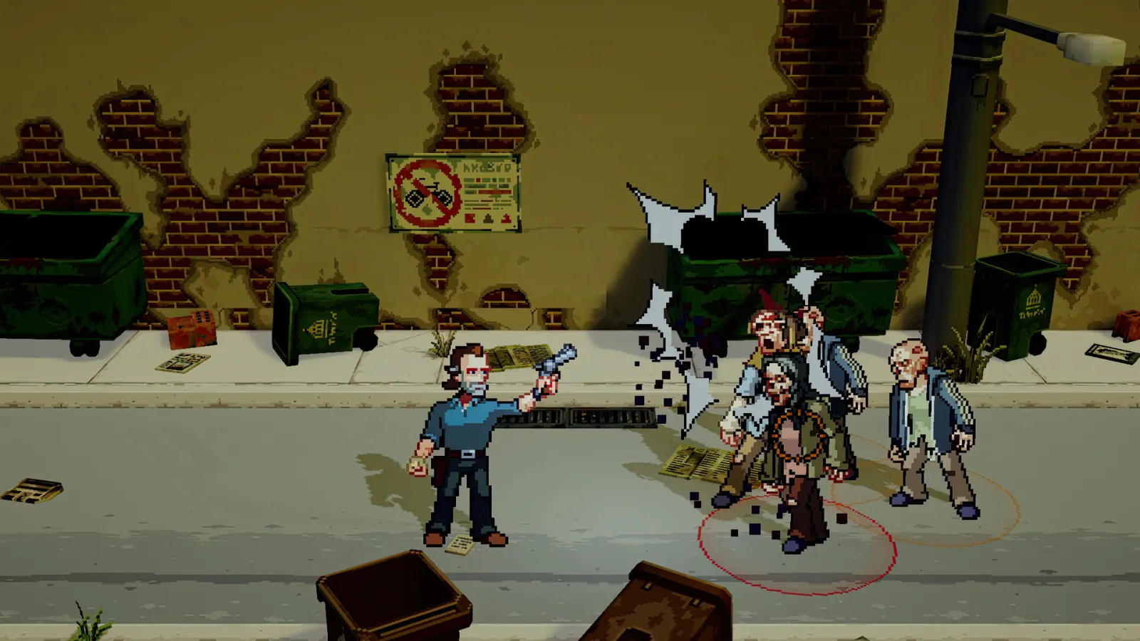 Rick aims his magnum at a cluster of walkers in a ruined city street in Streets of Survival