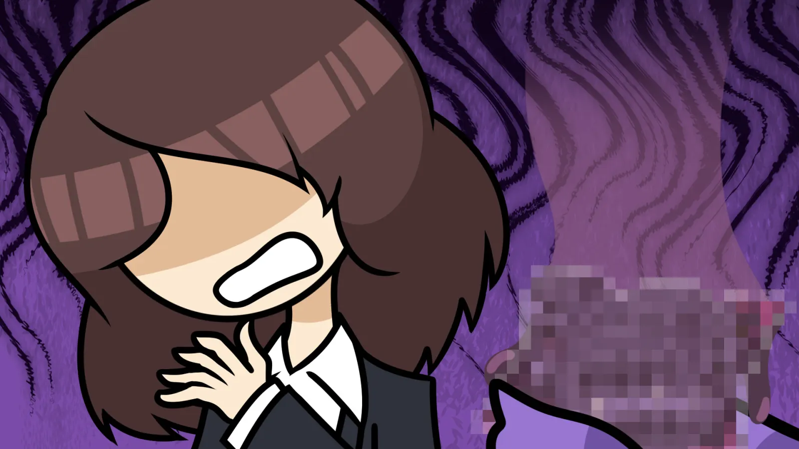 OL-san recoiling from a pixelated object beside Doku-chan in a purple cavern scene