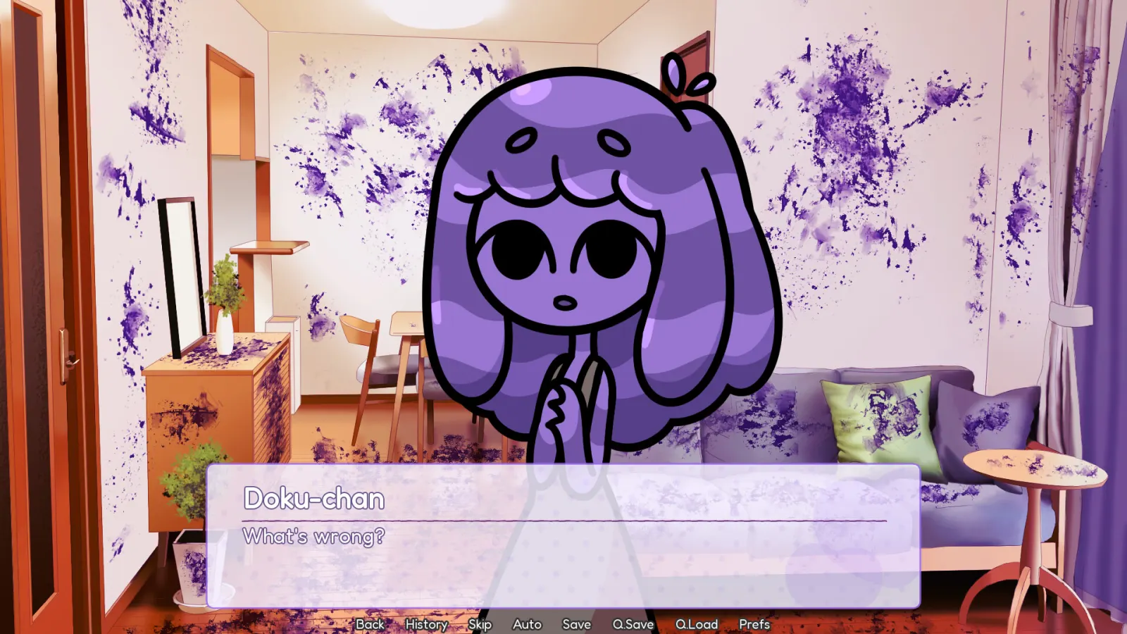 Doku-chan standing in OL-san's apartment after purple sludge has splattered across the walls and furniture