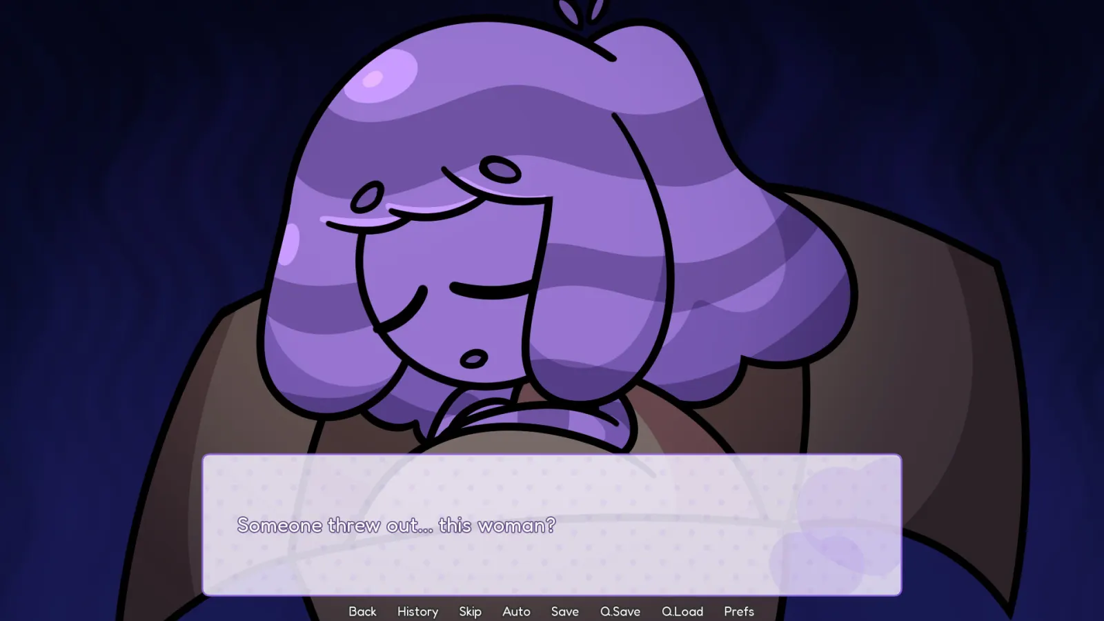 Doku-chan, a purple sludge woman, sitting in a dark chair above the Toxic Yuri dialogue box