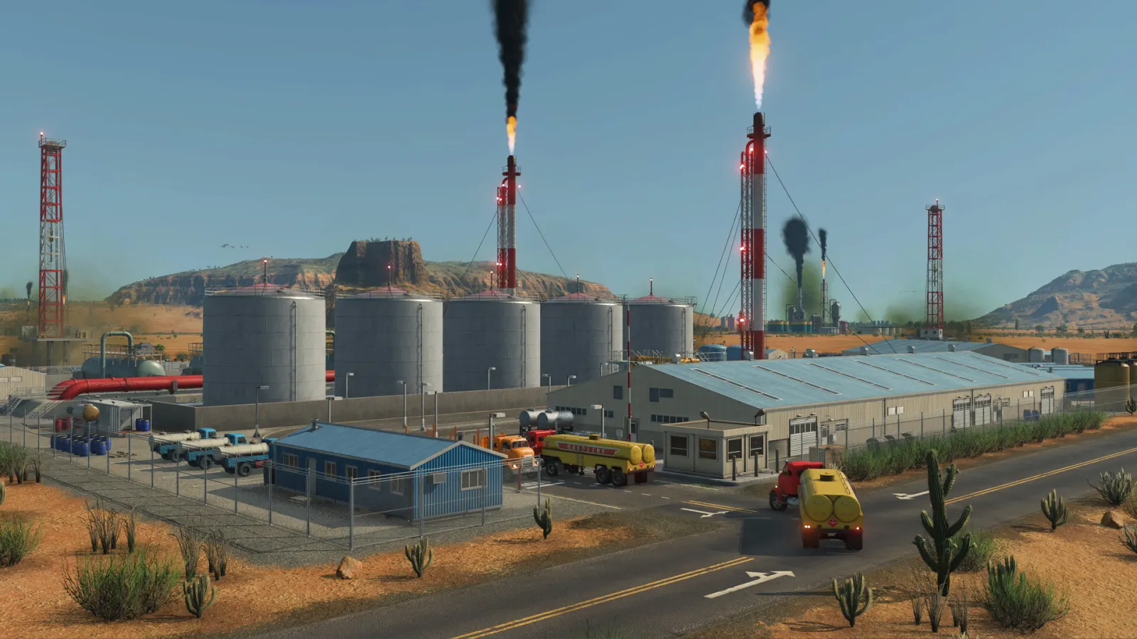 Oil refinery and tanker trucks in a Transport Fever 3 desert industry zone