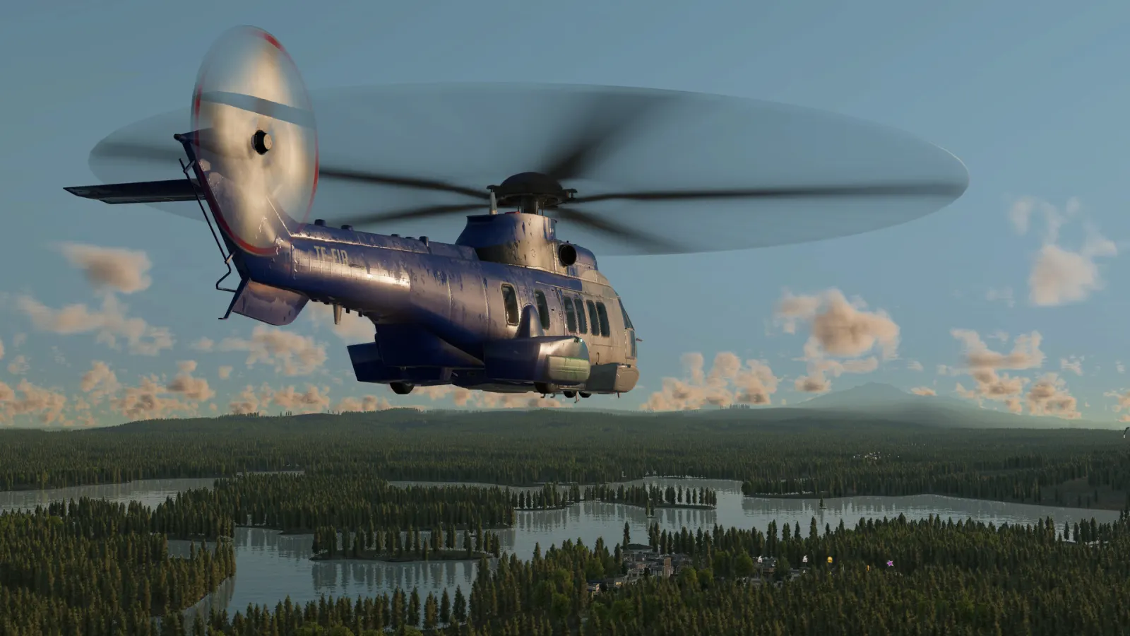 Transport Fever 3 helicopter flying above a forested lake landscape