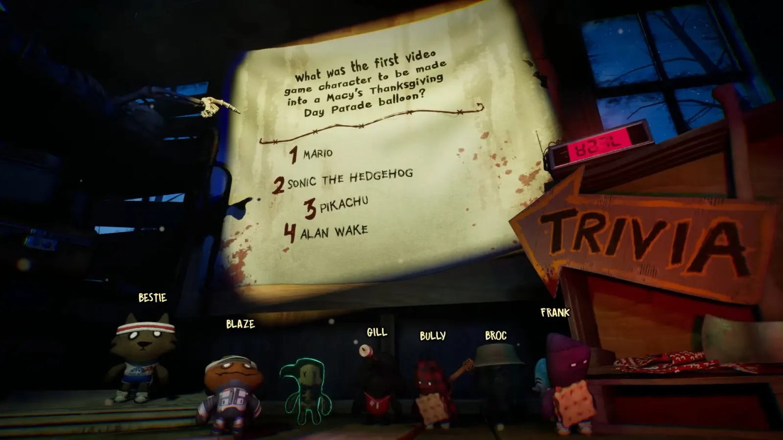 Trivia Murder Party 3 question projected above contestant dolls at Camp Mass Acres