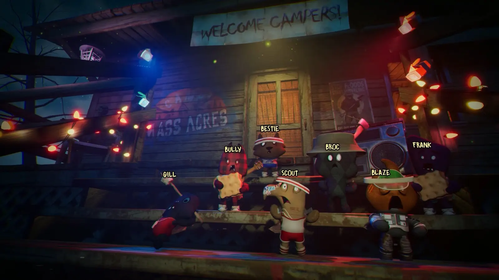 Eight named doll campers gathered outside the Camp Mass Acres cabin at night