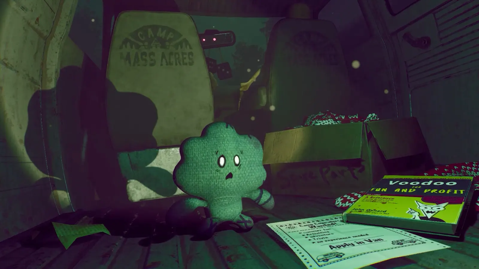 Green doll sitting in a cluttered van bound for Camp Mass Acres in Trivia Murder Party 3