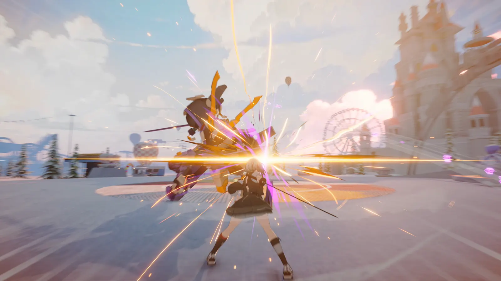 A white-haired fighter blocks a bright attack in a snowy amusement-park arena