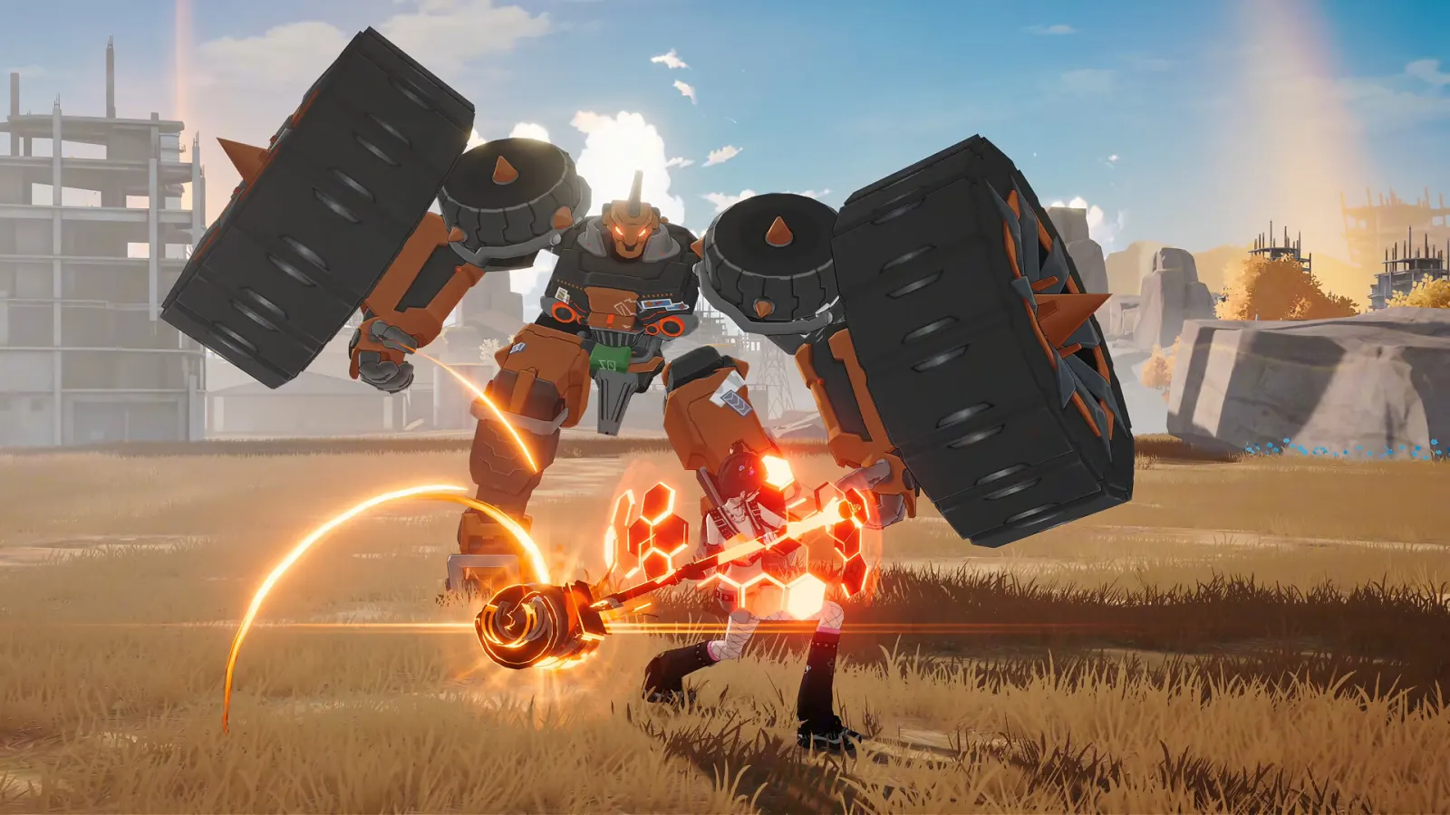 A red-haired fighter swings a glowing hammer at a wheel-armed robot in Ved: Recure