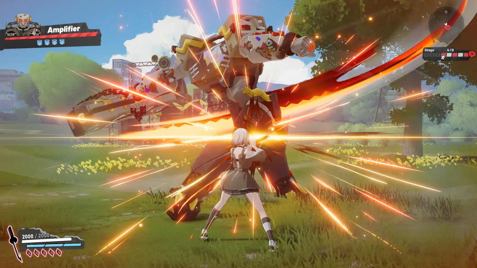 A white-haired fighter strikes the robot boss Amplifier in a grassy Ved: Recure arena