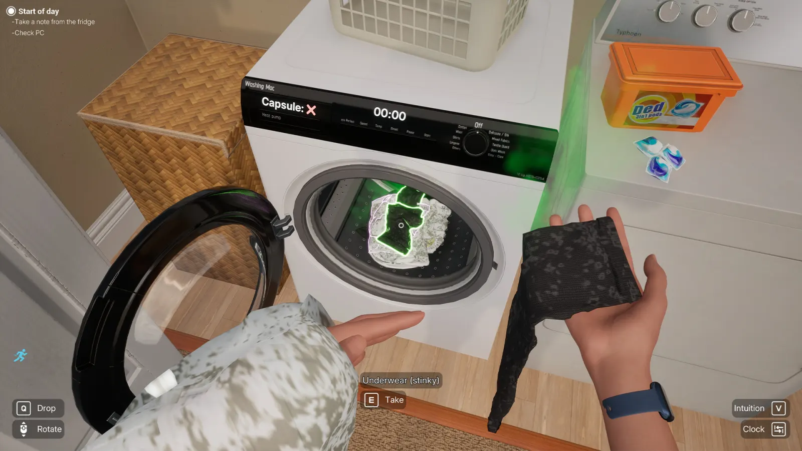Woman Simulator laundry task placing dirty clothing into a front-loading washing machine
