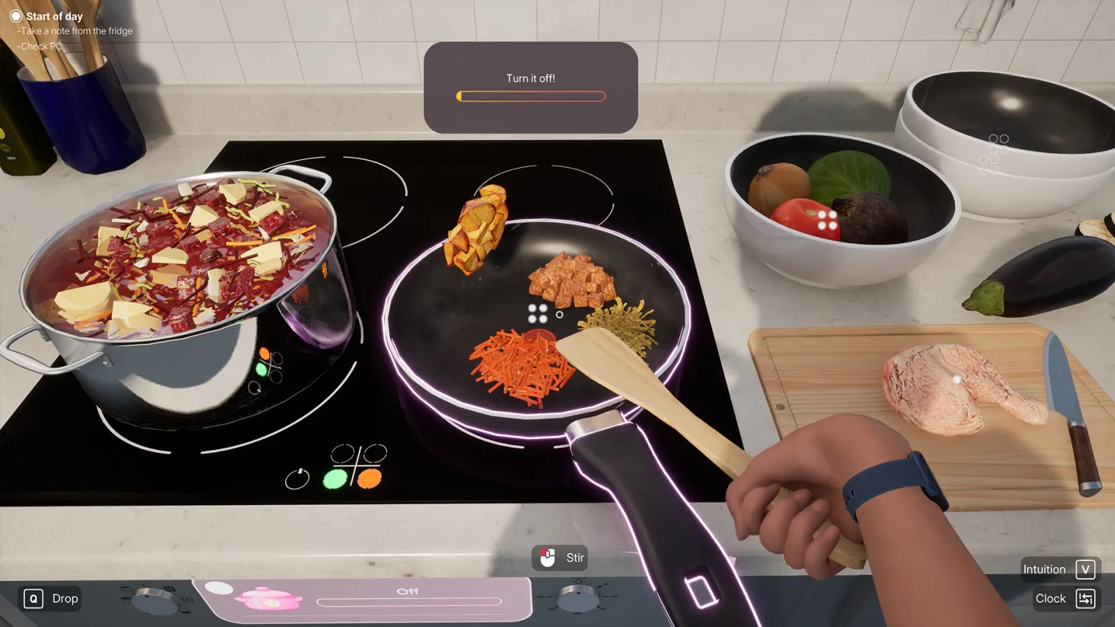 Woman Simulator cooking task with pots, a frying pan, ingredients and a turn-it-off timing meter
