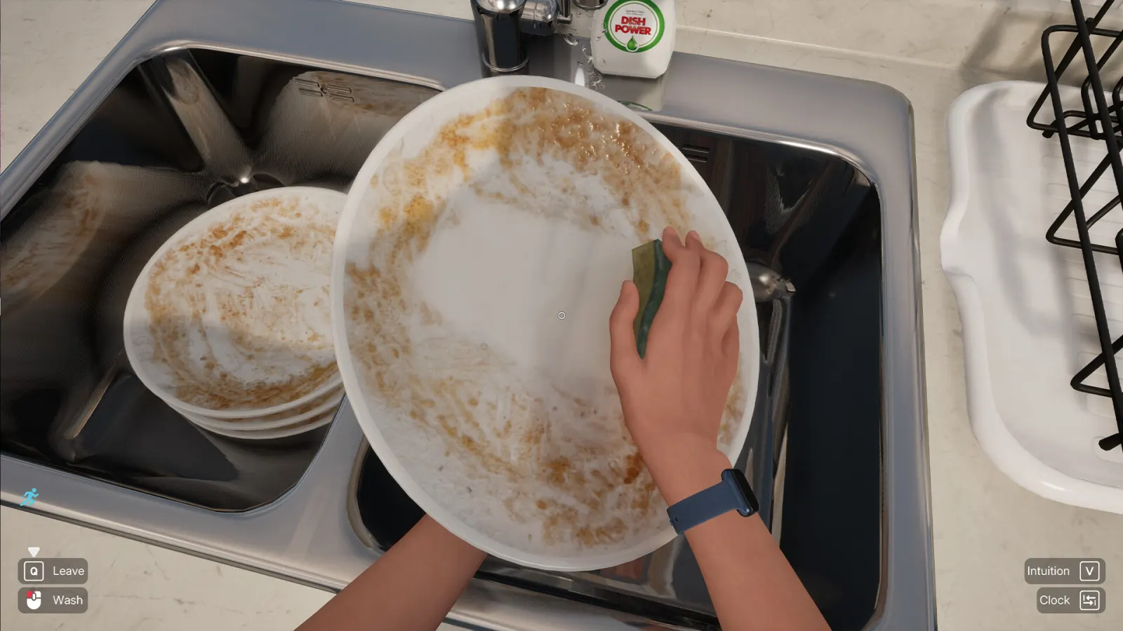 First-person Woman Simulator dishwashing task with a sponge, dirty plates and keyboard prompts