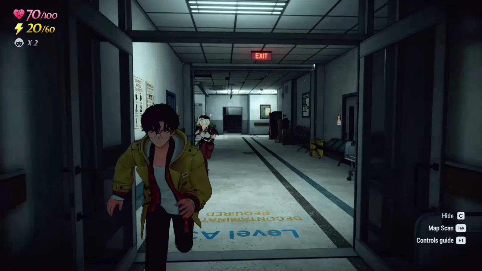 A Yandere Virus player flees from a pursuing character in a dark hospital hallway